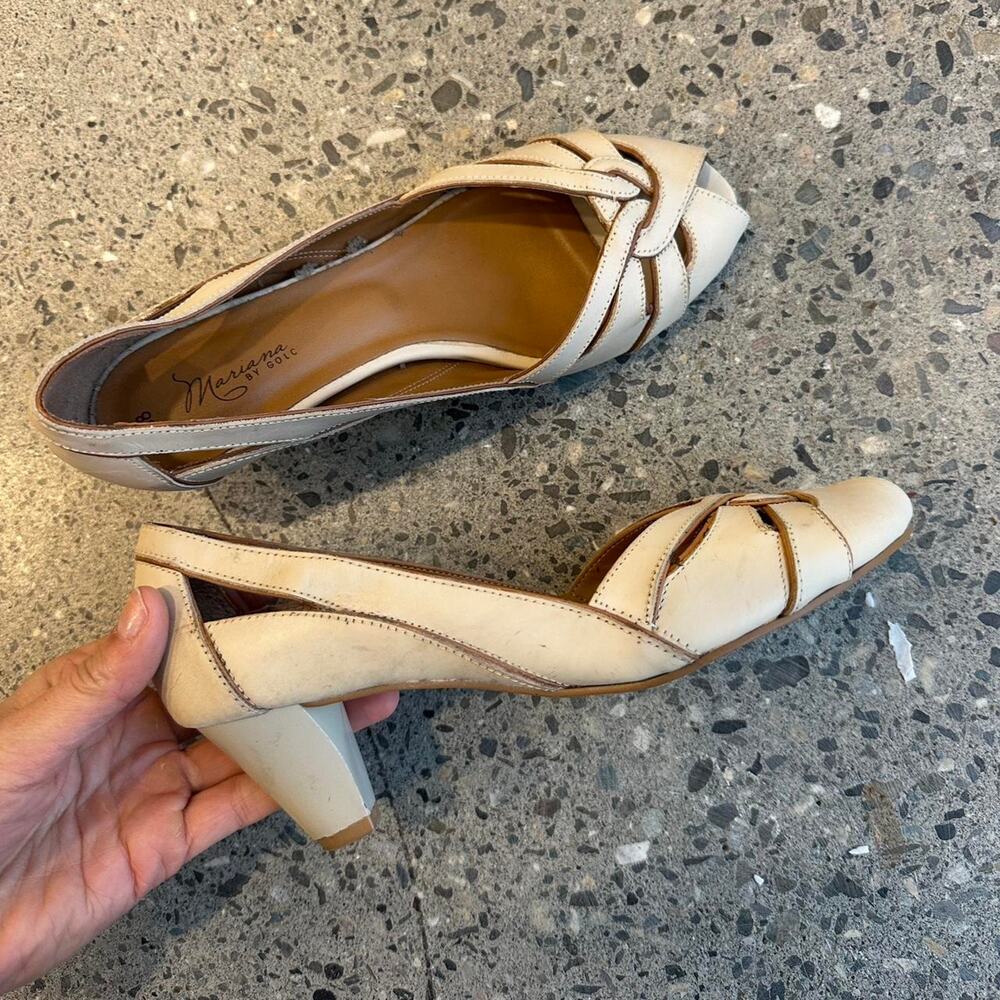 Mariana by GOLC Women’s EU 38 Kitten Heels Cream Leather Peep Toe Vintage Heels